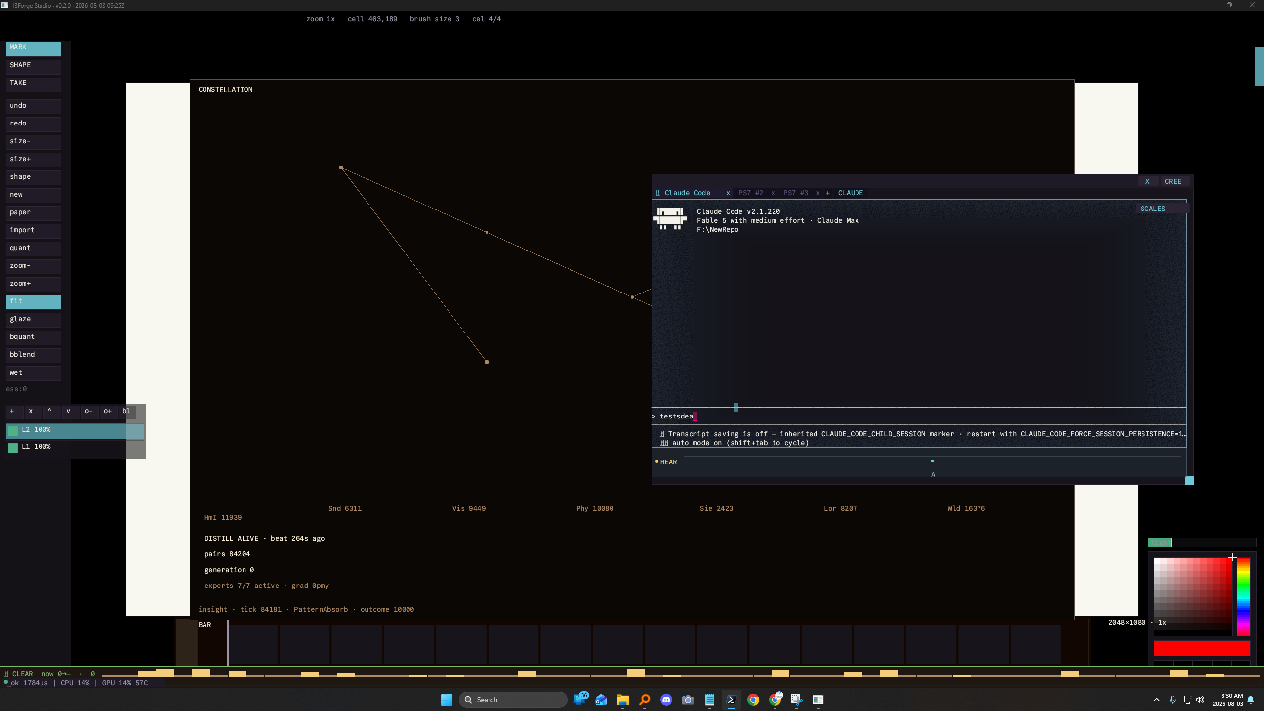 13Forge Studio v0.2.0: paint surface with tool rail, an embedded Claude Code terminal panel, live meters and world HUD counters, timeline along the bottom.